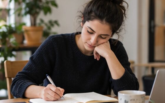 Quaderno aperto con appunti generici e cartoncini su una scrivania