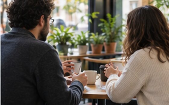 Due adulti generici ripresi di lato durante una conversazione di lavoro