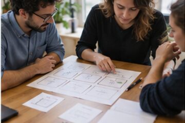 Prototipo cartaceo semplice e note operative su un tavolo di lavoro