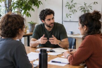Piccolo gruppo di adulti visto da dietro intorno a un tavolo di lavoro