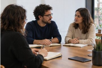 Tavolo di riunione con quaderni e mani adulte senza volti riconoscibili